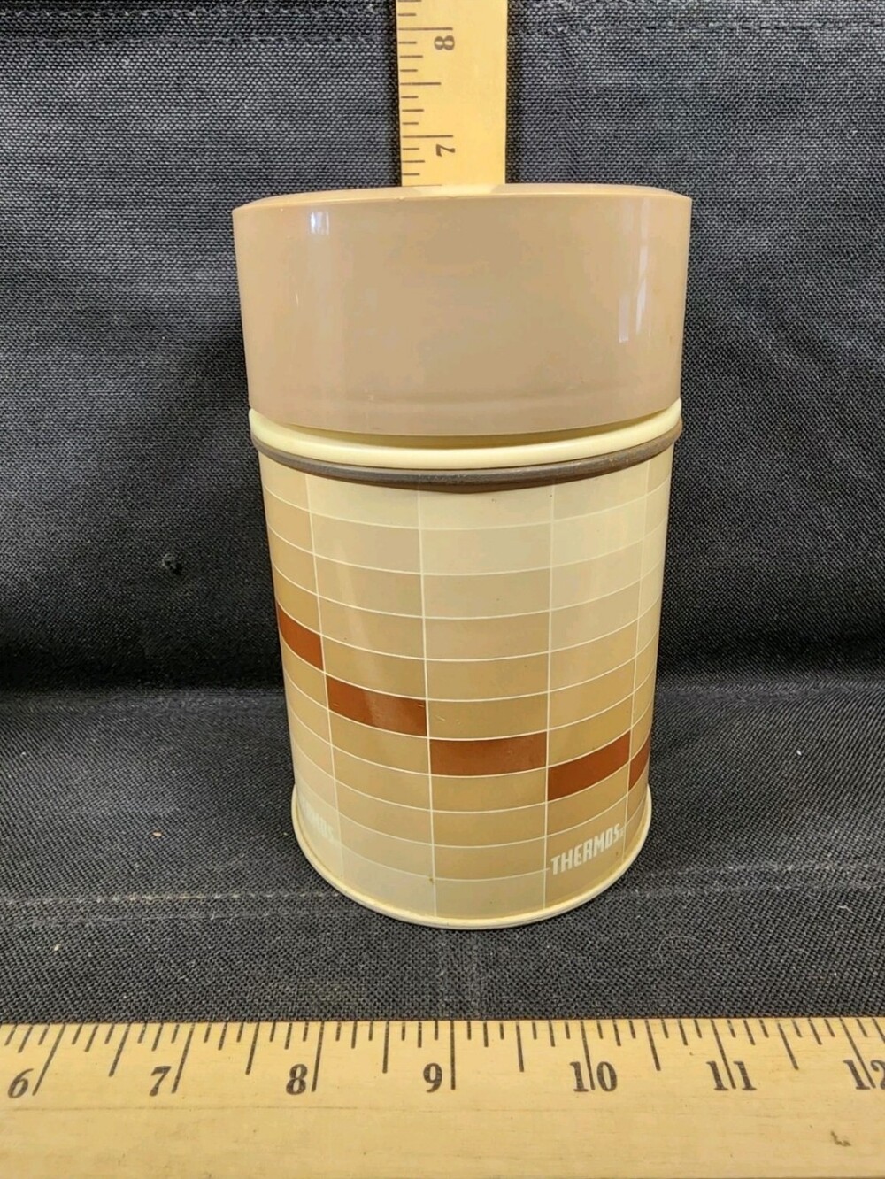 Vintage 70's Metal Thermos King Seeley Tan & Brown Ombre Color NOS Shape Clean